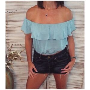 Off The Shoulder Ruffle Crop Mint Green 1518
